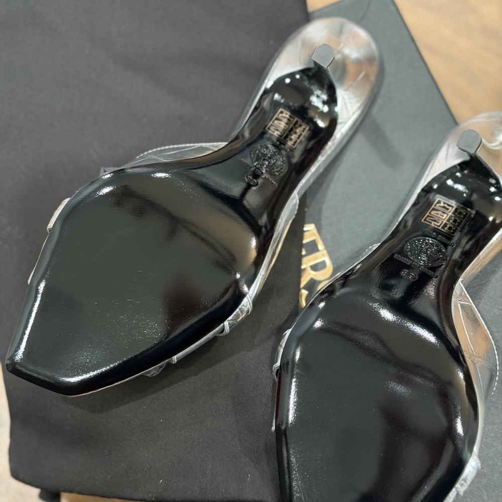 Versace Silver Metallic Leather High Heel Mules with Gold Medallions - Picture 7 of 13